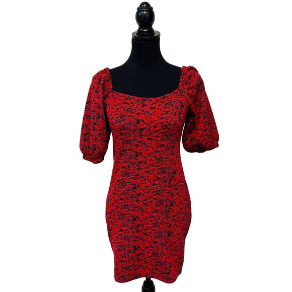 Free People Sunset Bodycon Mini Dress Knit Puff Sleeve Pull-On Square Neck XS - Picture 5 of 11